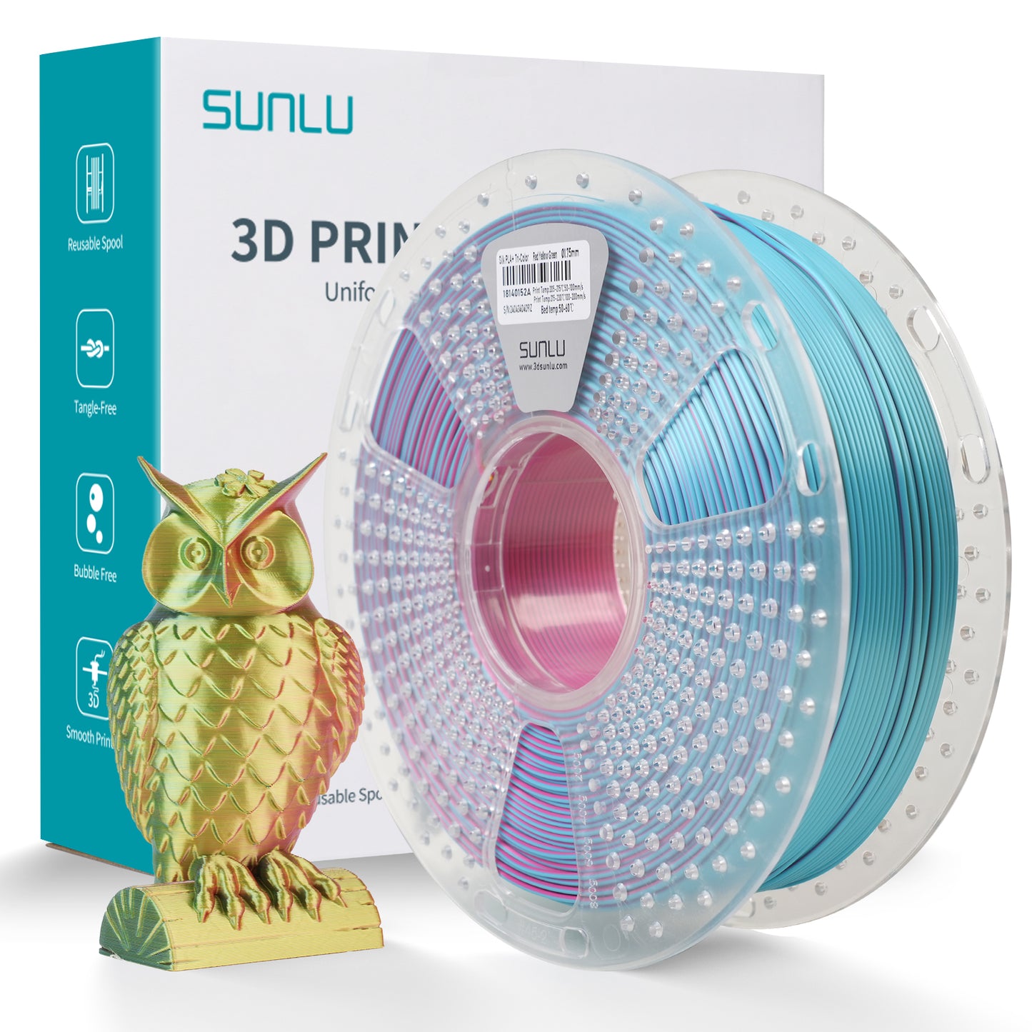 SUNLU Silk PLA+ 3D Filament 1.75mm 1kg - Tri Colour Red/Yellow/Green
