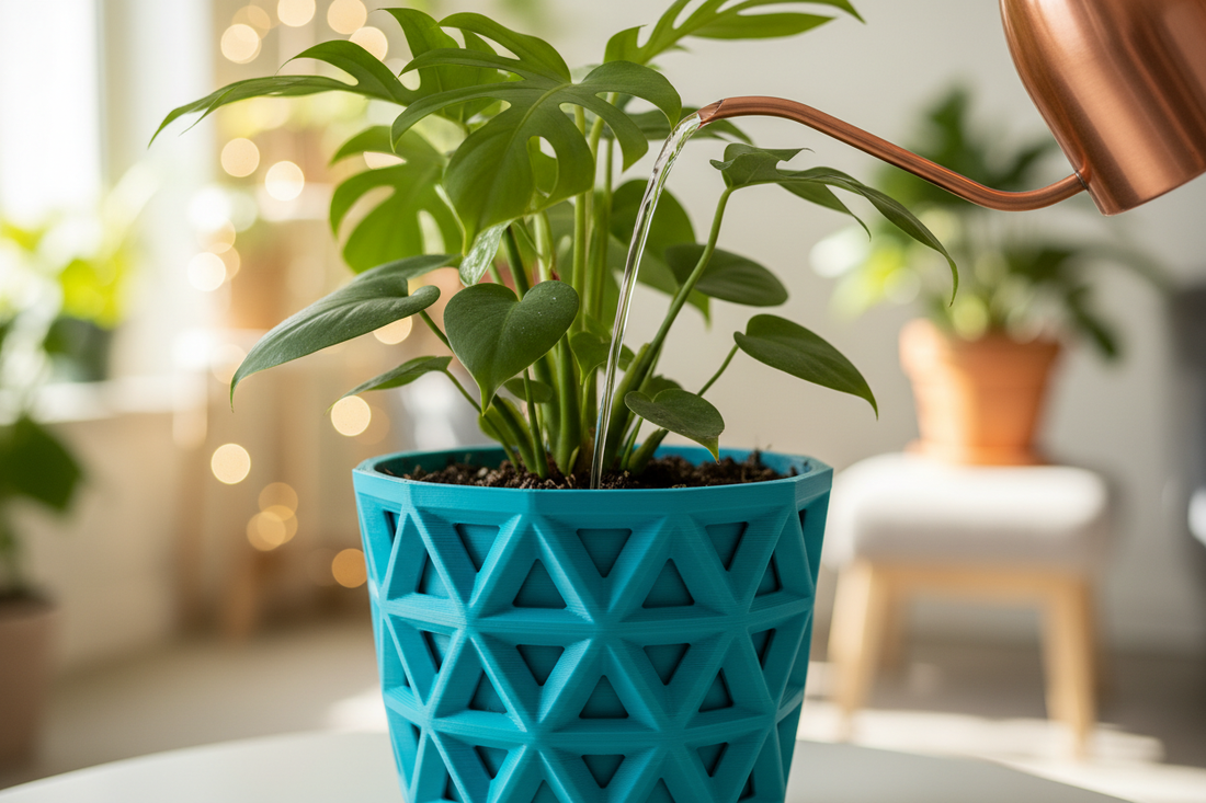 Indoor plant in a blue 3d printed plant pot